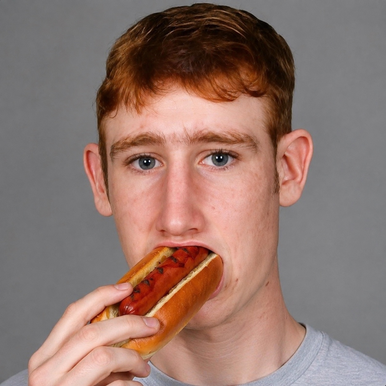 Greg eating a hot dog